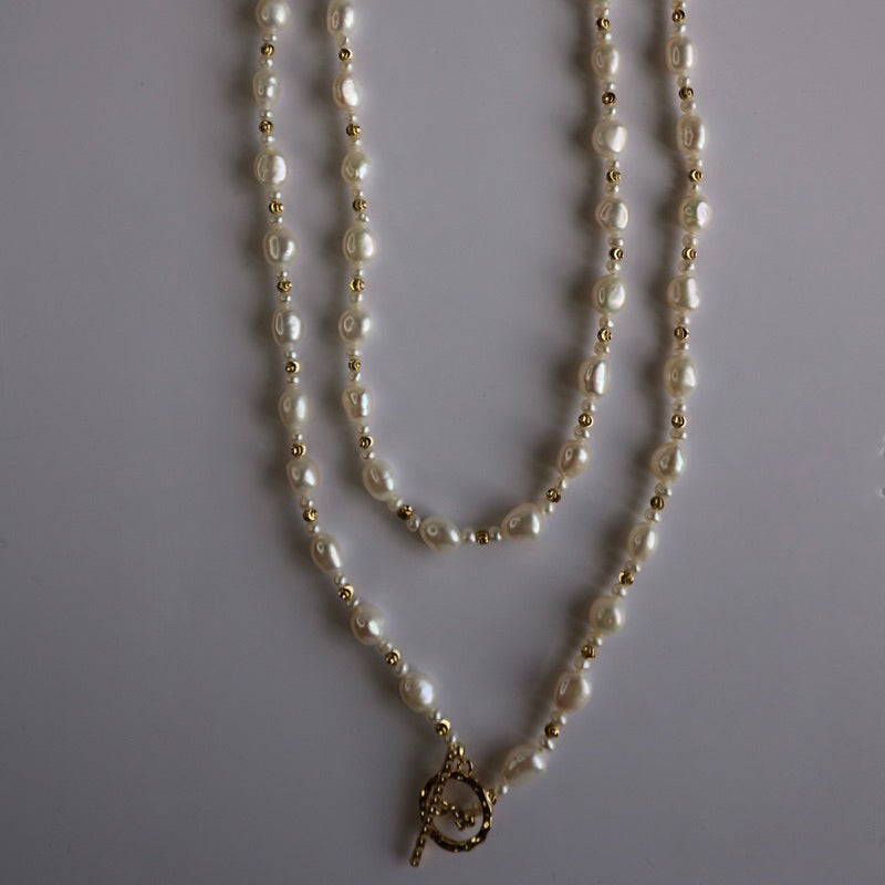 14k包金雙層金珠淡水珍珠毛衣鏈/長項鍊(現貨1)·JOJE ·珍珠飾品·珍珠項鍊· ot扣