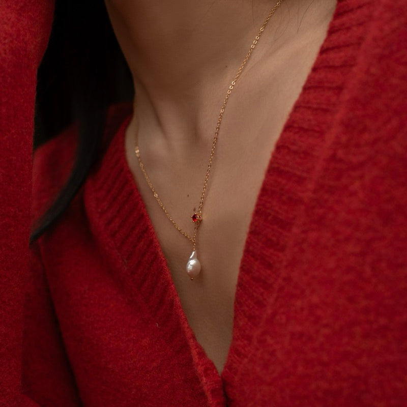 【手作設計】Best Lover · 紅鋯石水滴珍珠項鍊·JOJE·珍珠飾品·手作項鍊·客製項鍊