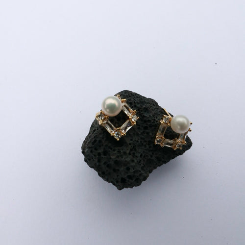 S925純銀方形水鑽珍珠耳環(現貨)·JOJE·純銀耳環·純銀飾品