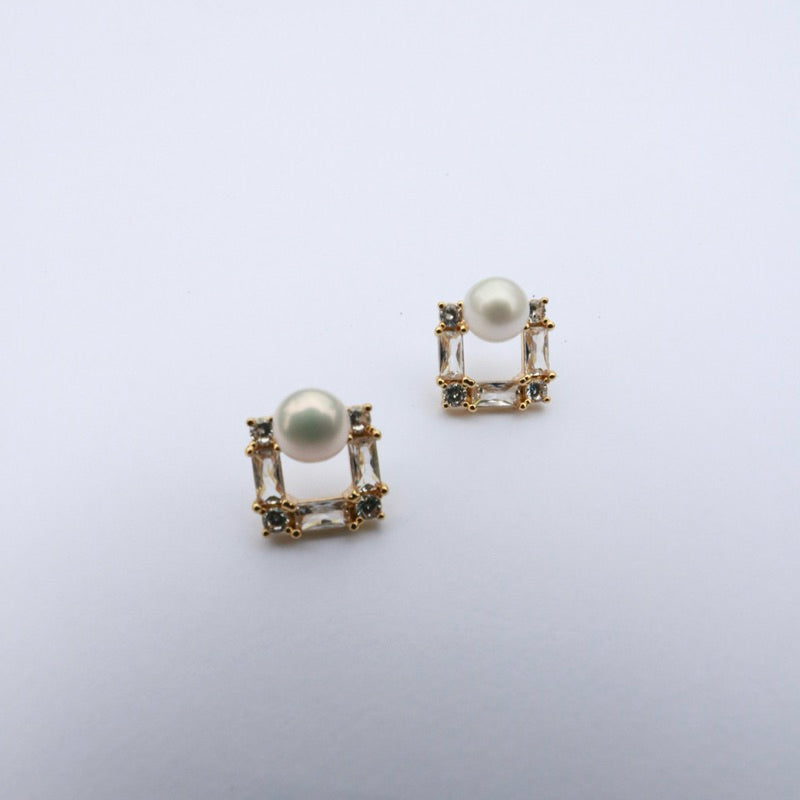 S925純銀方形水鑽珍珠耳環(現貨)·JOJE·純銀耳環·純銀飾品