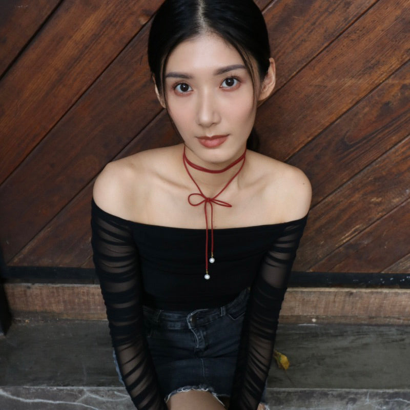 【手作設計】Bow-tiful Girl ·絨布蝴蝶結長繩珍珠項鍊(8色)(現貨)·JOJE·手作項鍊·客製項鍊