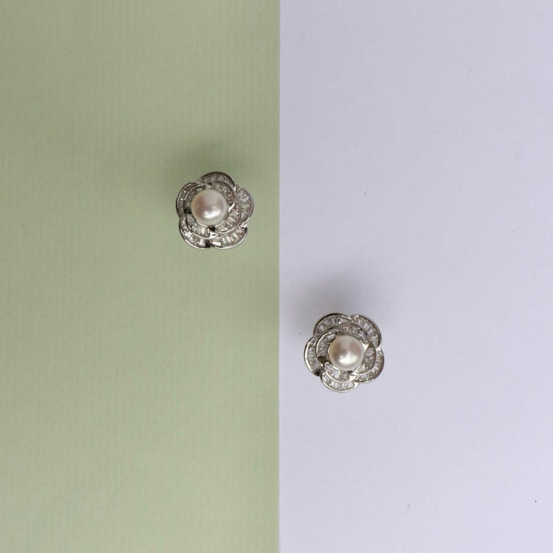 S925純銀水鑽茶花天然珍珠耳環(現貨)·JOJE·珍珠飾品